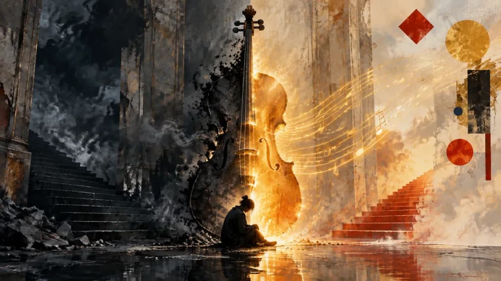 Giant Split Cello and Solitary Figure