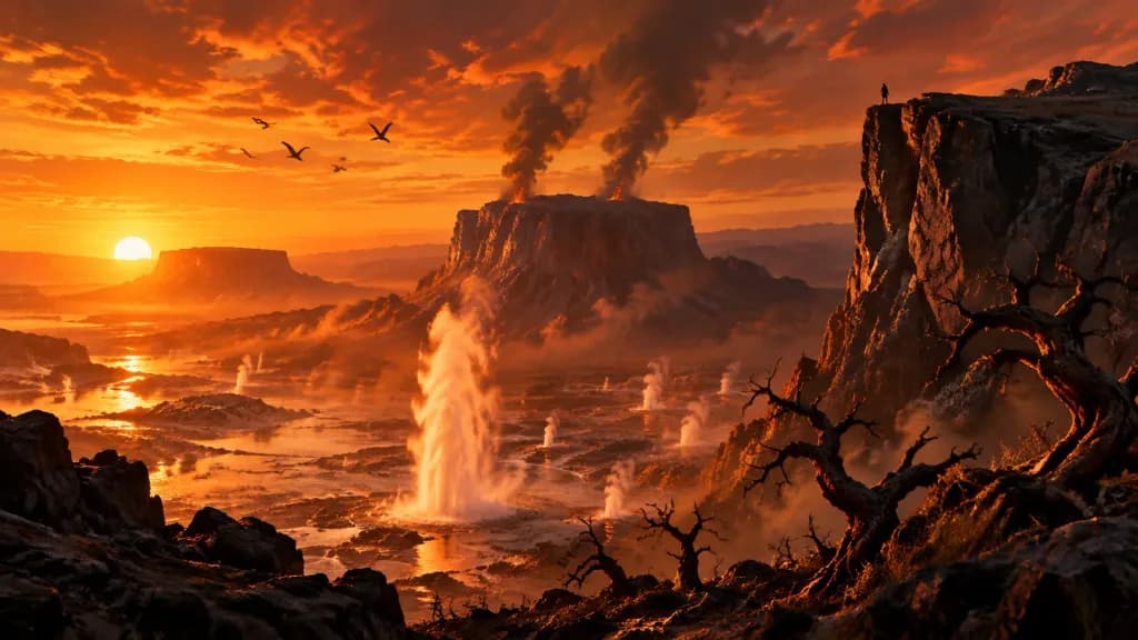 Volcanic Basin at Sunset Panorama