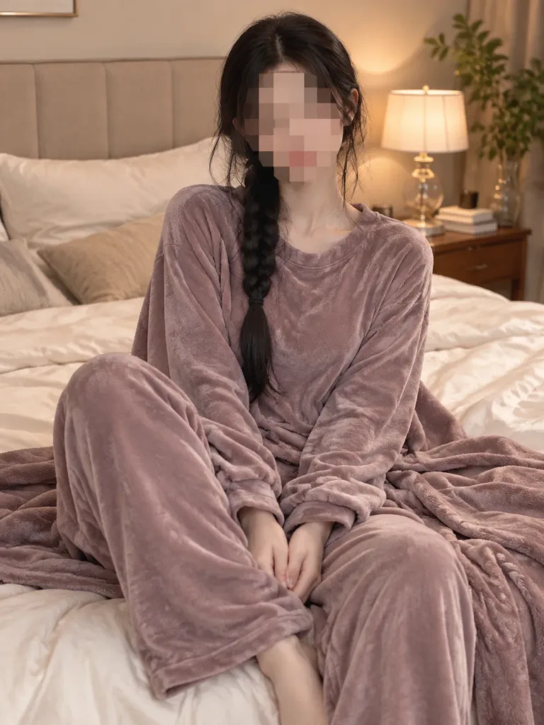 아늑한 침실의 벨벳 라운지웨어 인물 사진