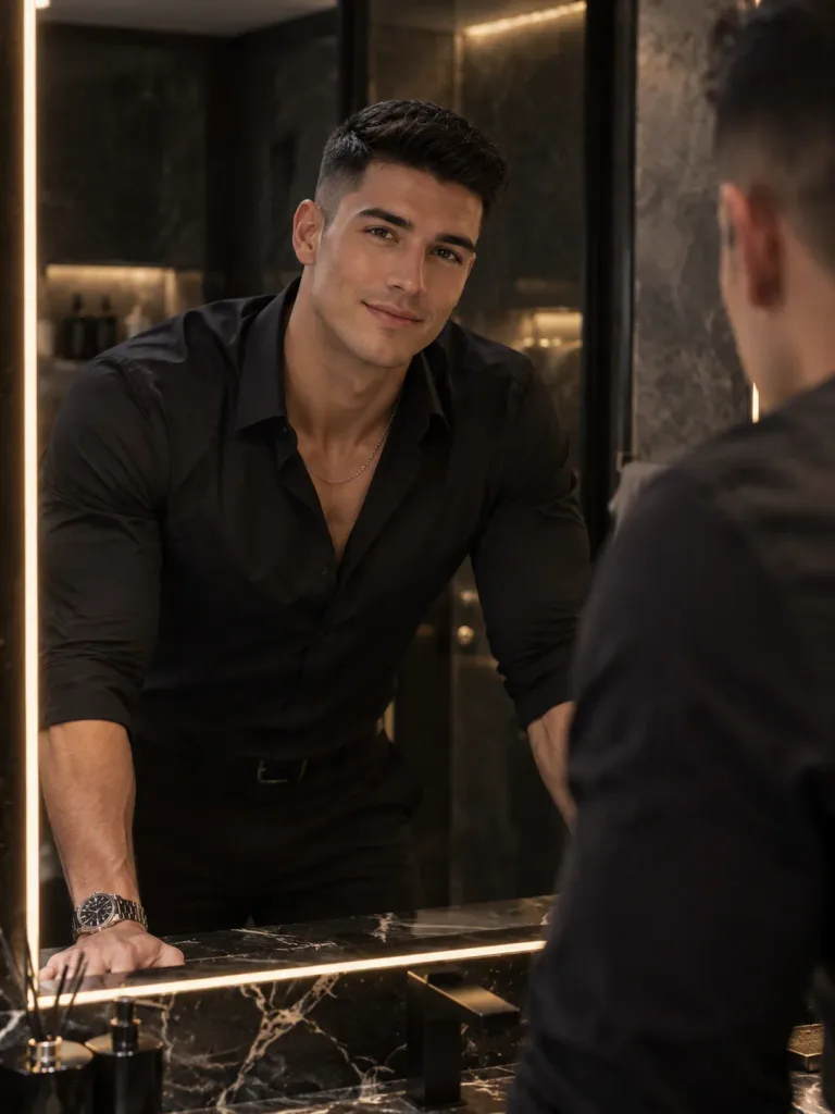 Confident Man Bathroom Mirror Portrait