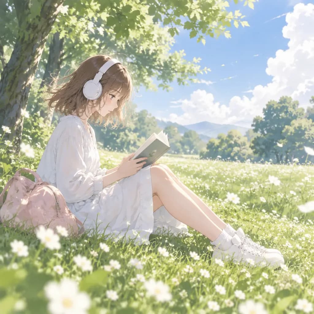 Girl Reading in Spring Meadow