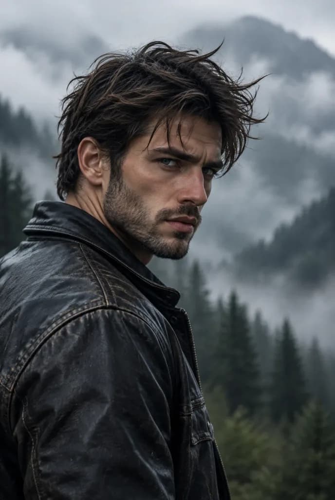 Misty Mountain Portrait in Leather Jacket