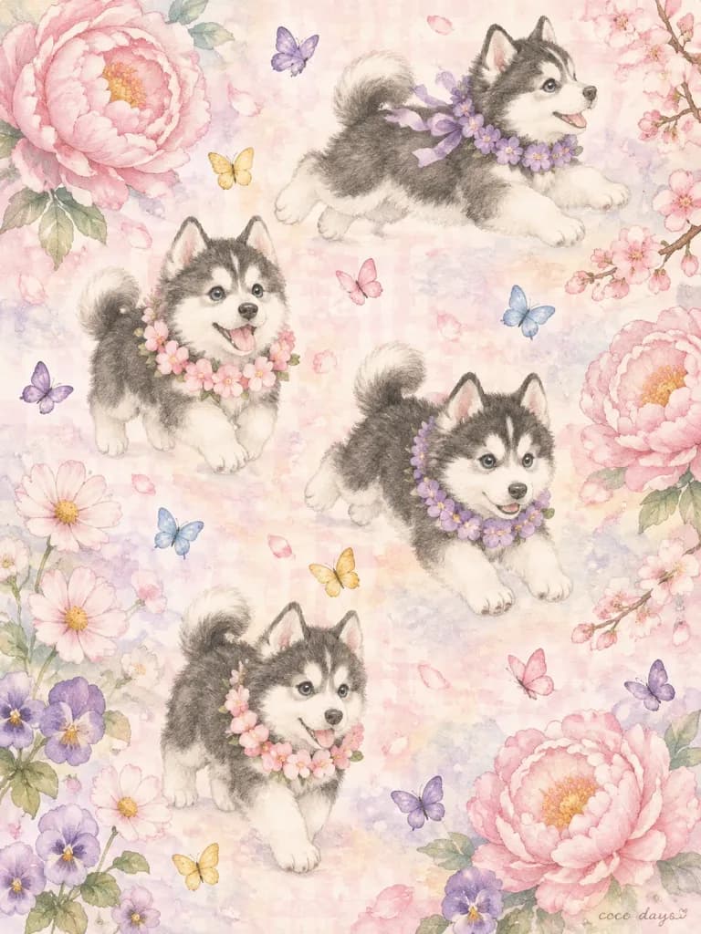 Pastel Husky Puppies in Watercolor Blooms