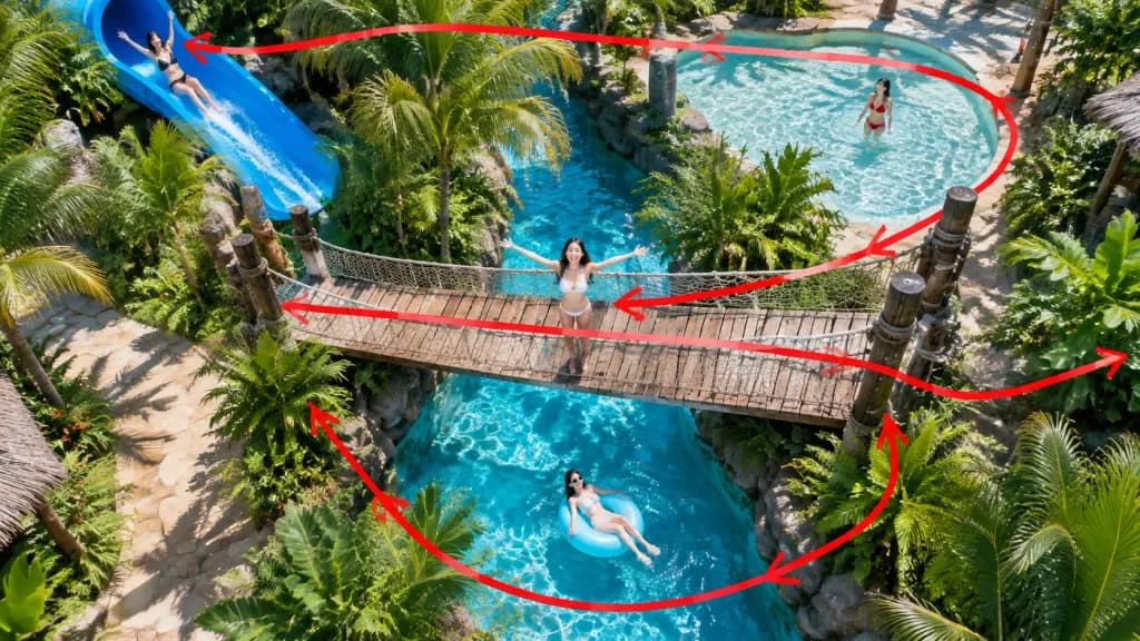 FPV Drone Route Over Tropical Water Park