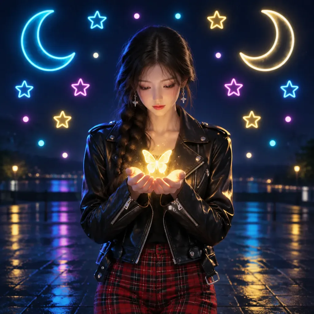 Woman Holding Glowing Neon Butterfly