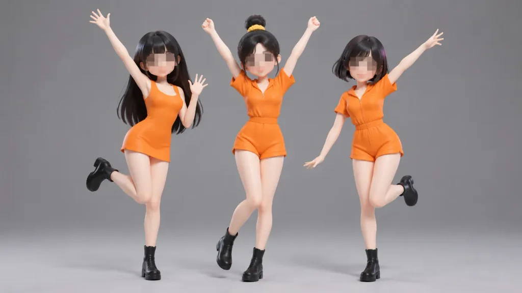 Three Dancing Cartoon Figures with Blurred Faces