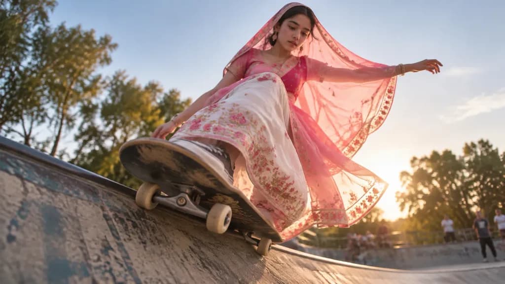 Skateboarding Girl in Traditional Sari
