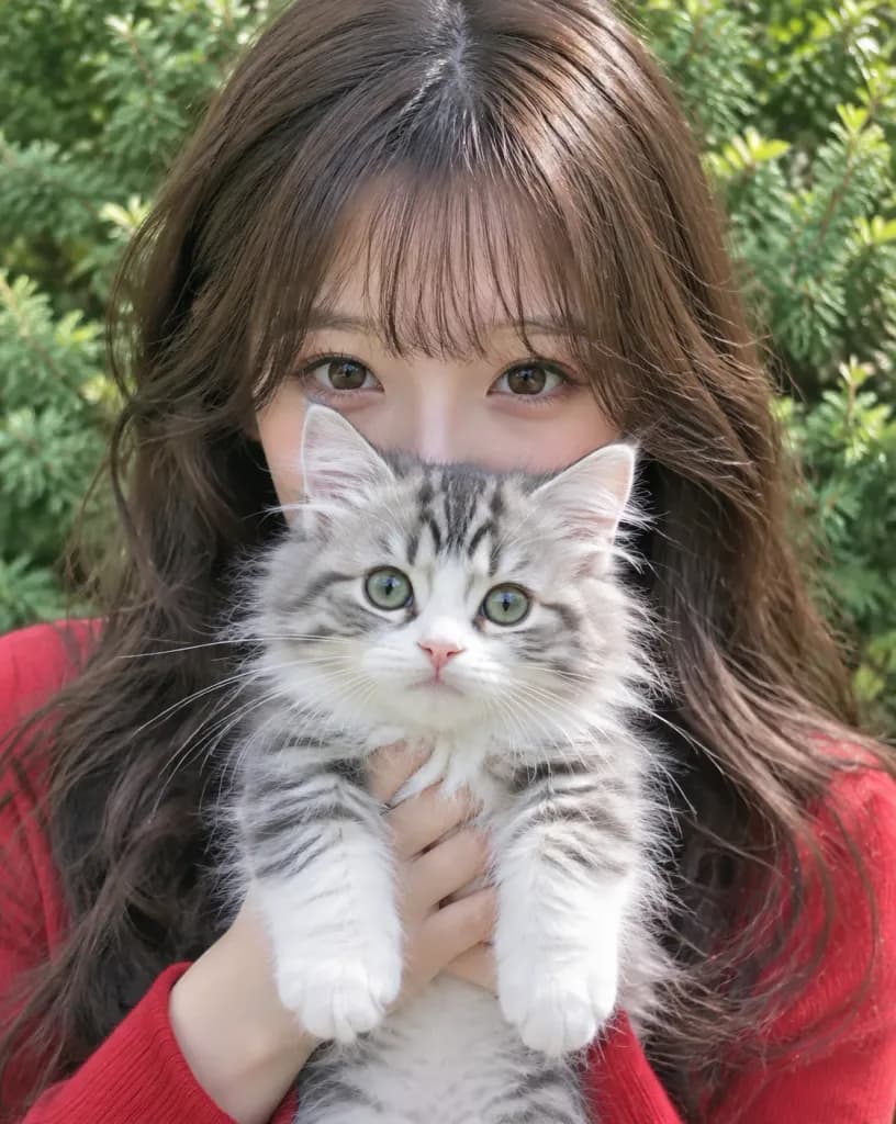 ふわふわ子猫の後ろから覗く女性