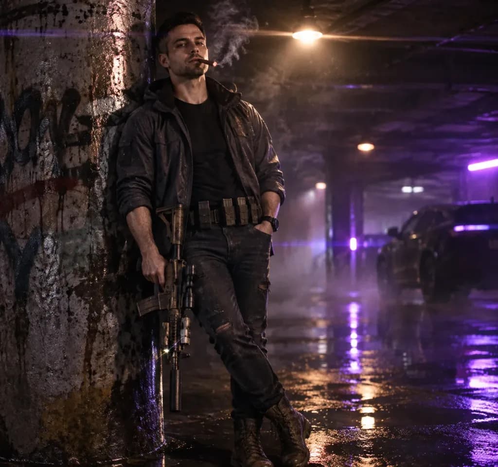 Neo-Noir Tactical Portrait in Underground Garage