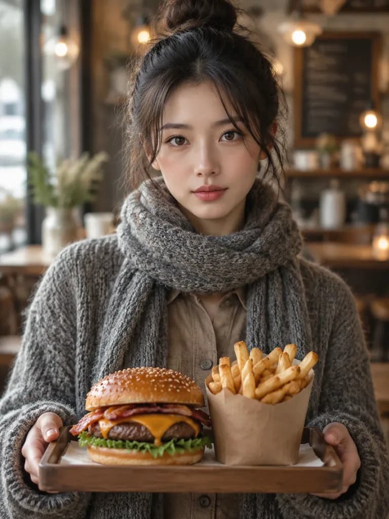 Cozy Cafe Portrait with Gourmet Burger