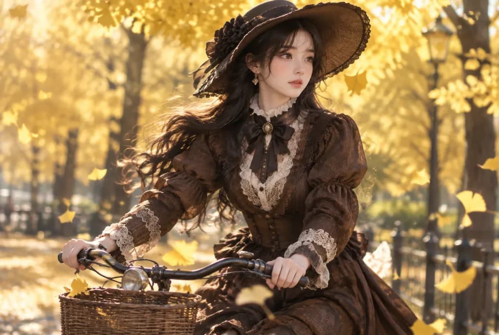 秋日公園中騎行的維多利亞女性
