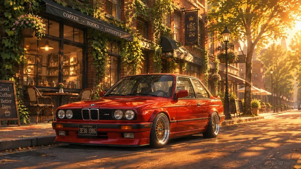 Classic BMW E30 on Golden Hour Street