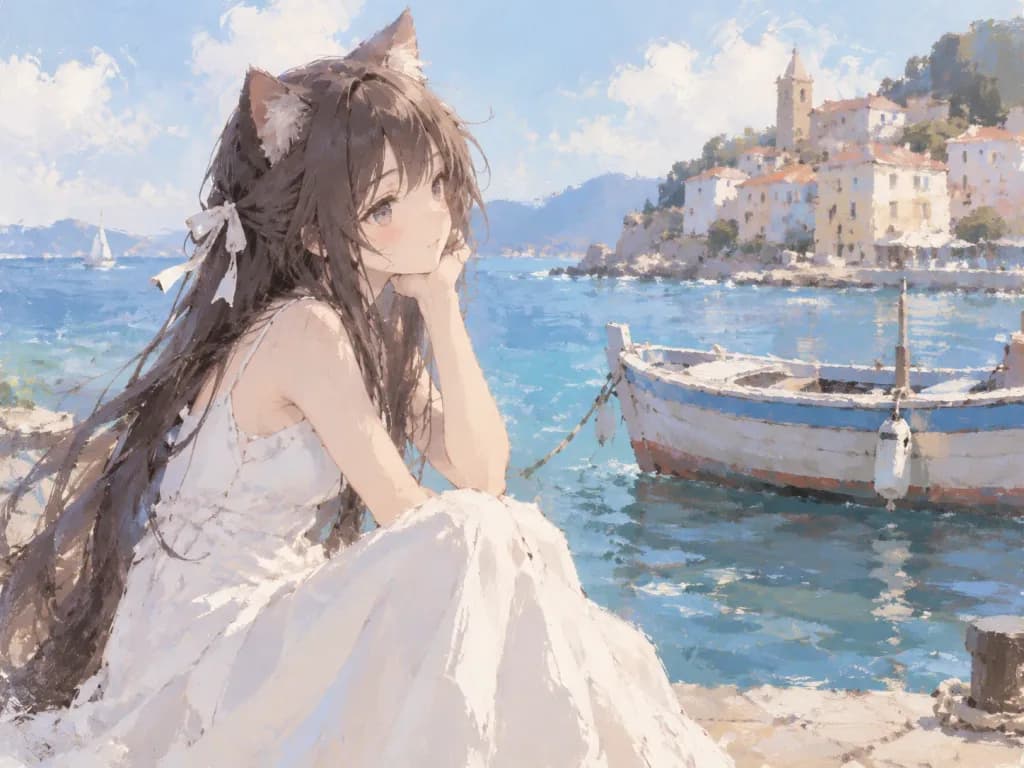 海辺の猫耳少女のミニマル油絵
