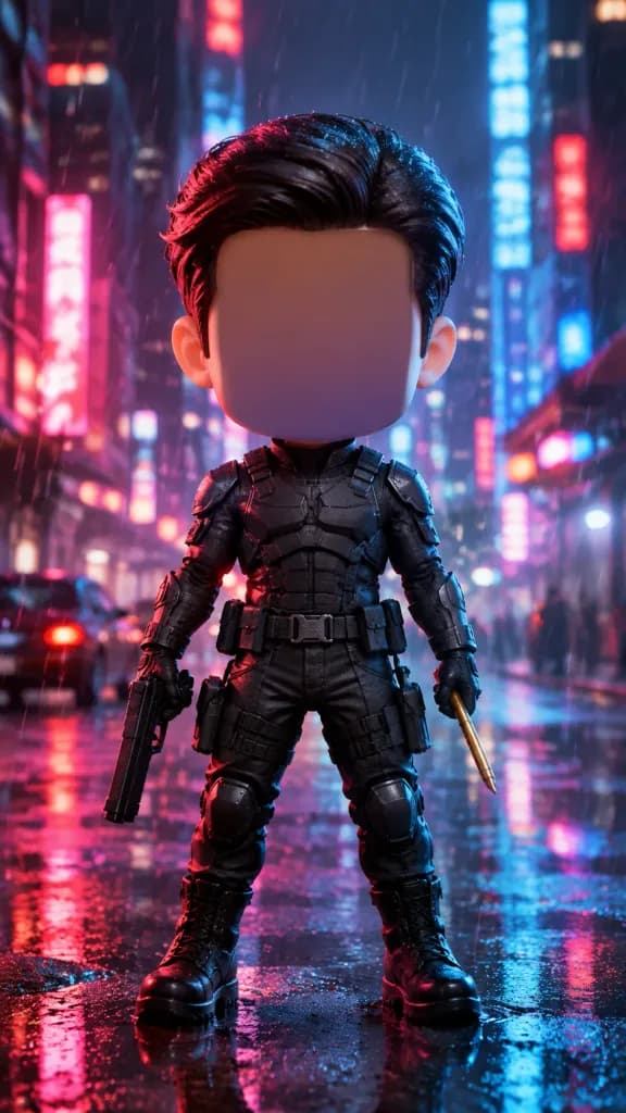 Chibi Tactical Hero in Cyberpunk Rain
