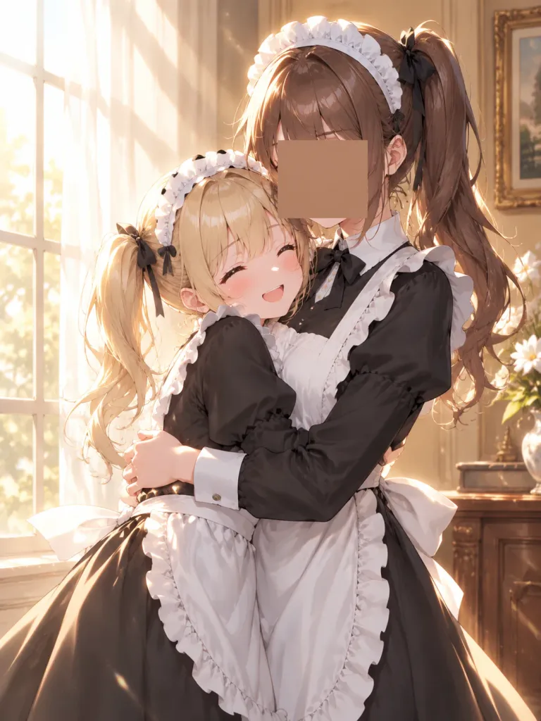 Maid Sisters Embracing in Sunlit Room