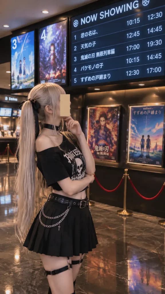 Chica gótica en el vestíbulo del cine