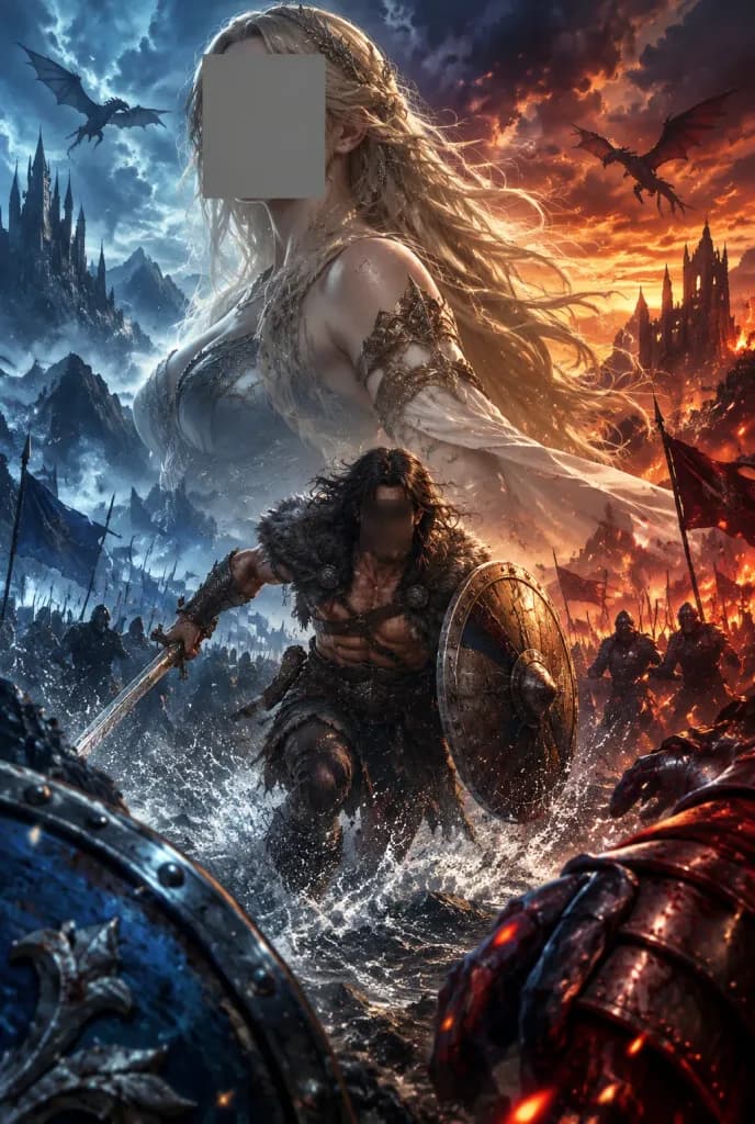 Dwutonowy plakat bitwy dark fantasy
