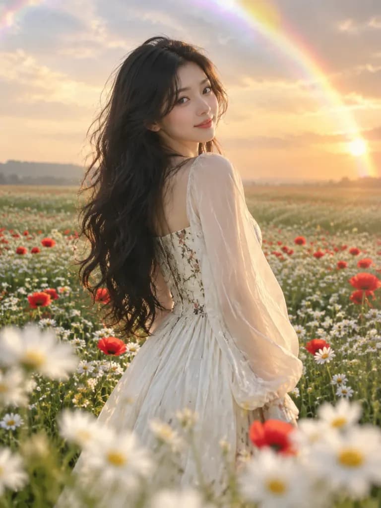 花咲く草原で振り返る女性