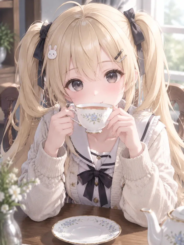 Cute Twin Tails Girl Drinking Tea