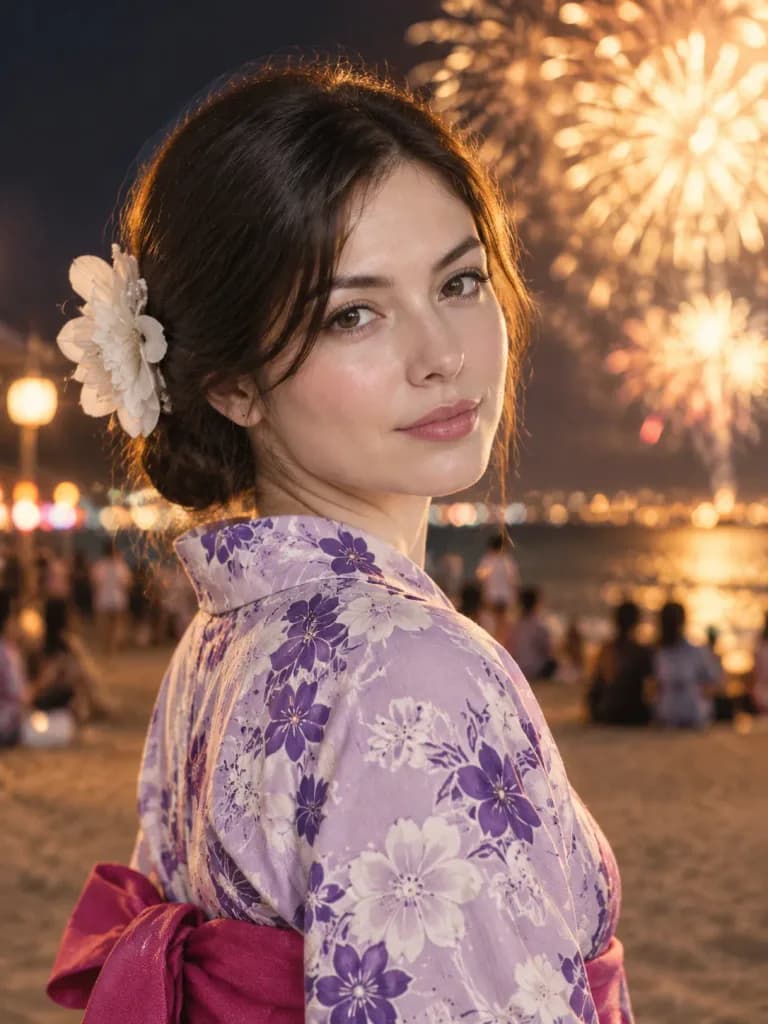 海滩烟花节浴衣人像