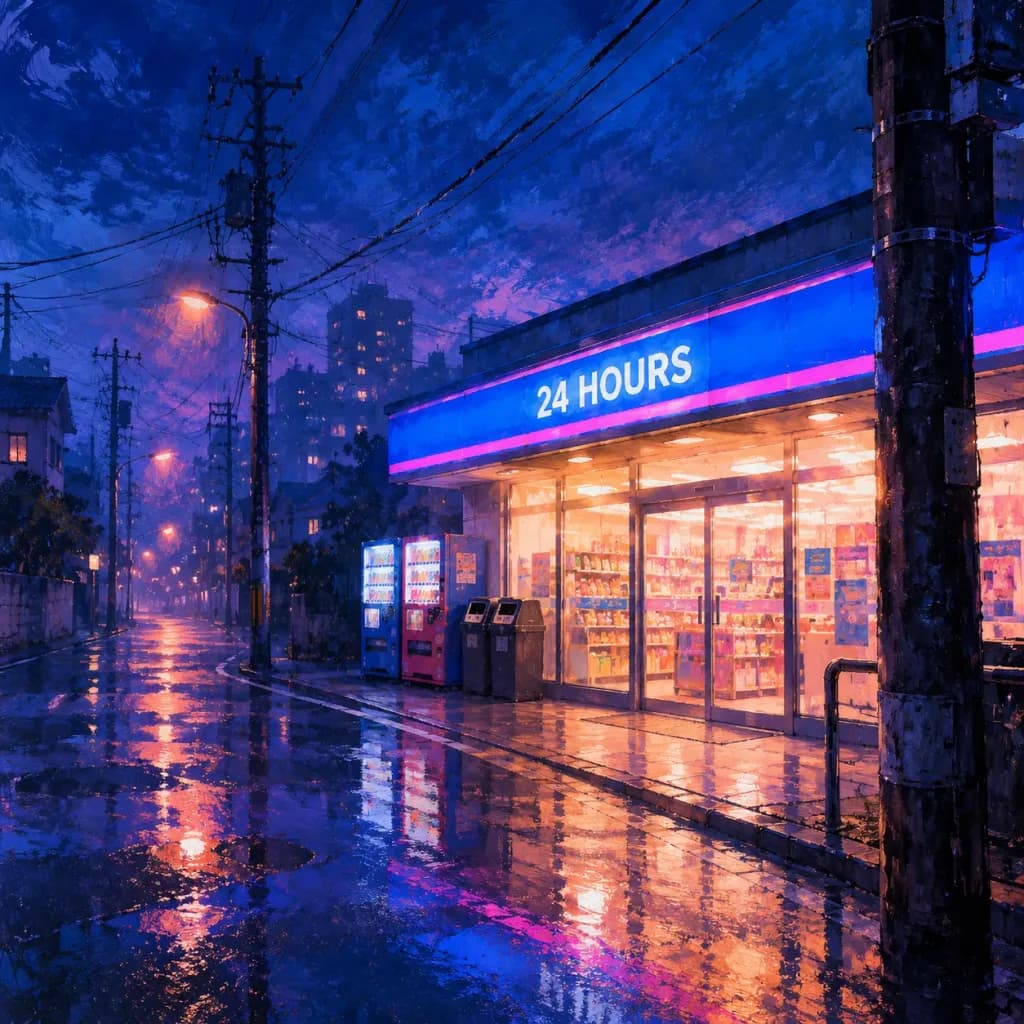 Pittura a Olio di Minimarket in Notte Piovosa