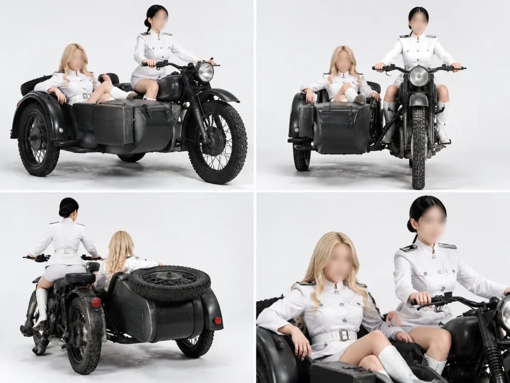 軍用サイドカーバイクのスタジオコラージュ