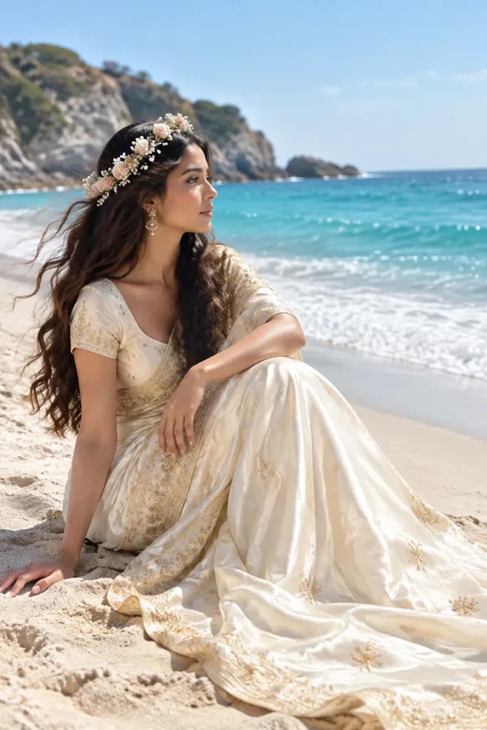 South Asian Woman in Sari on Beach
