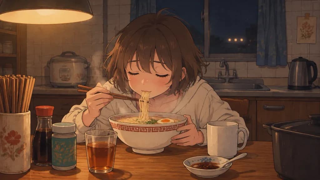 Sleepy Late Night Ramen in Kitchen