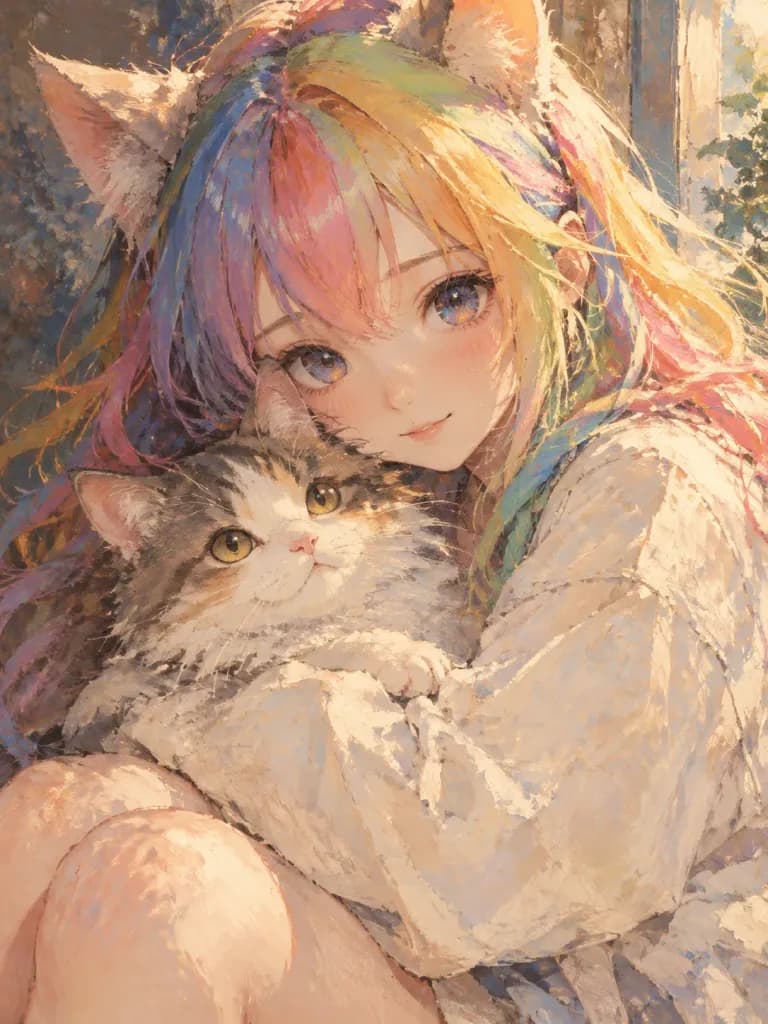 Minimalist Oil Portrait of Cat Girl