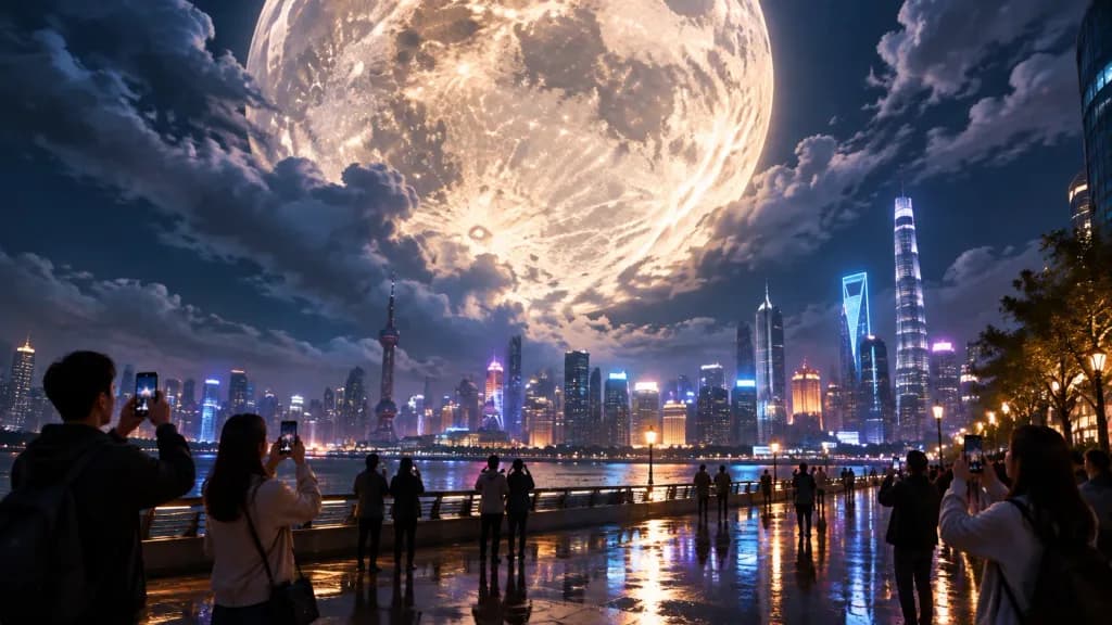 Gigantic Moon Over Modern City