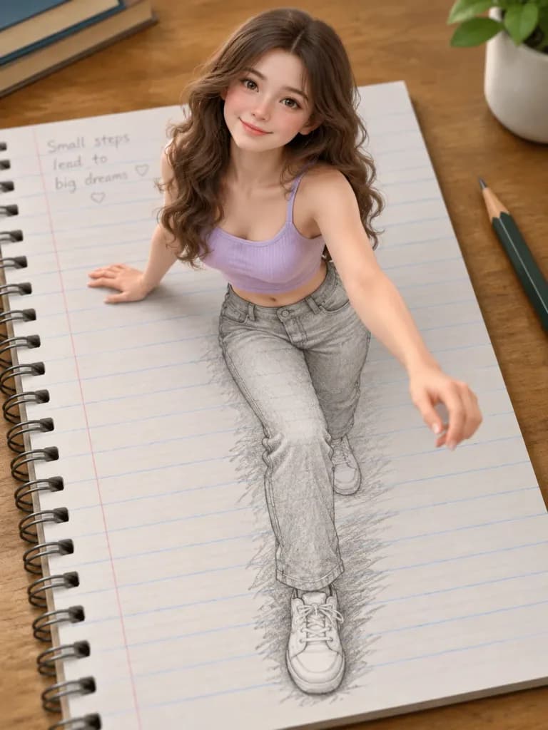 3D Notebook Sketch Illusion Girl