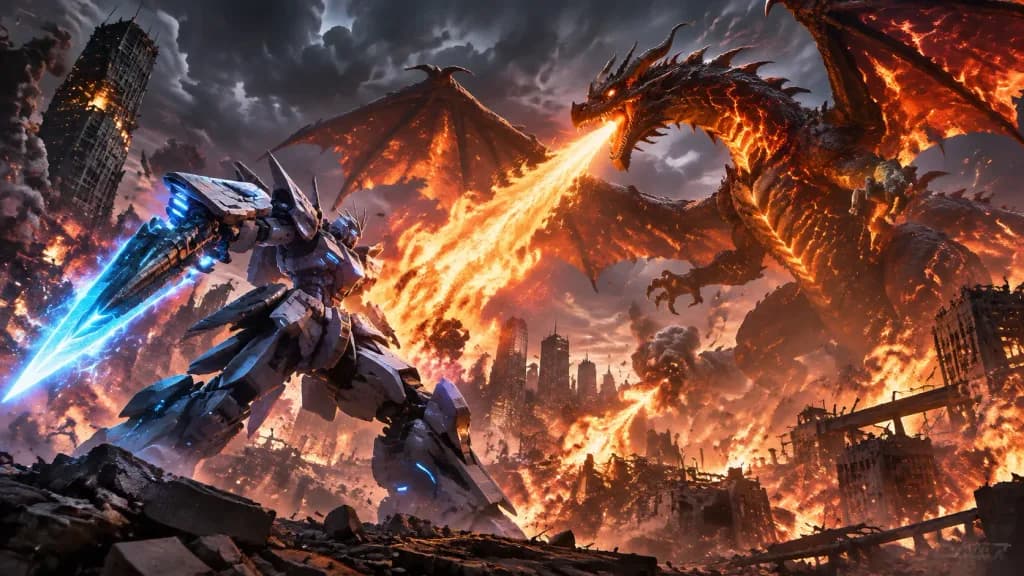 Giant Robot Battling Fire-Breathing Dragon
