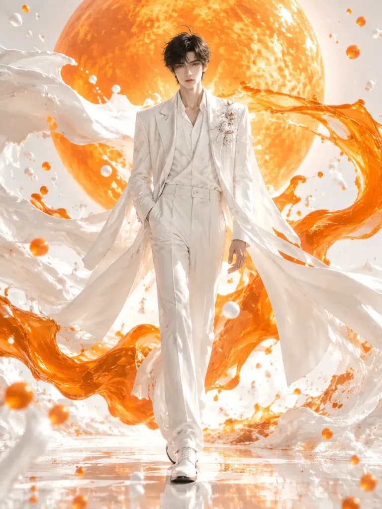 Editoriale di Moda Surrealista con Fluidi e Sfera Luminosa