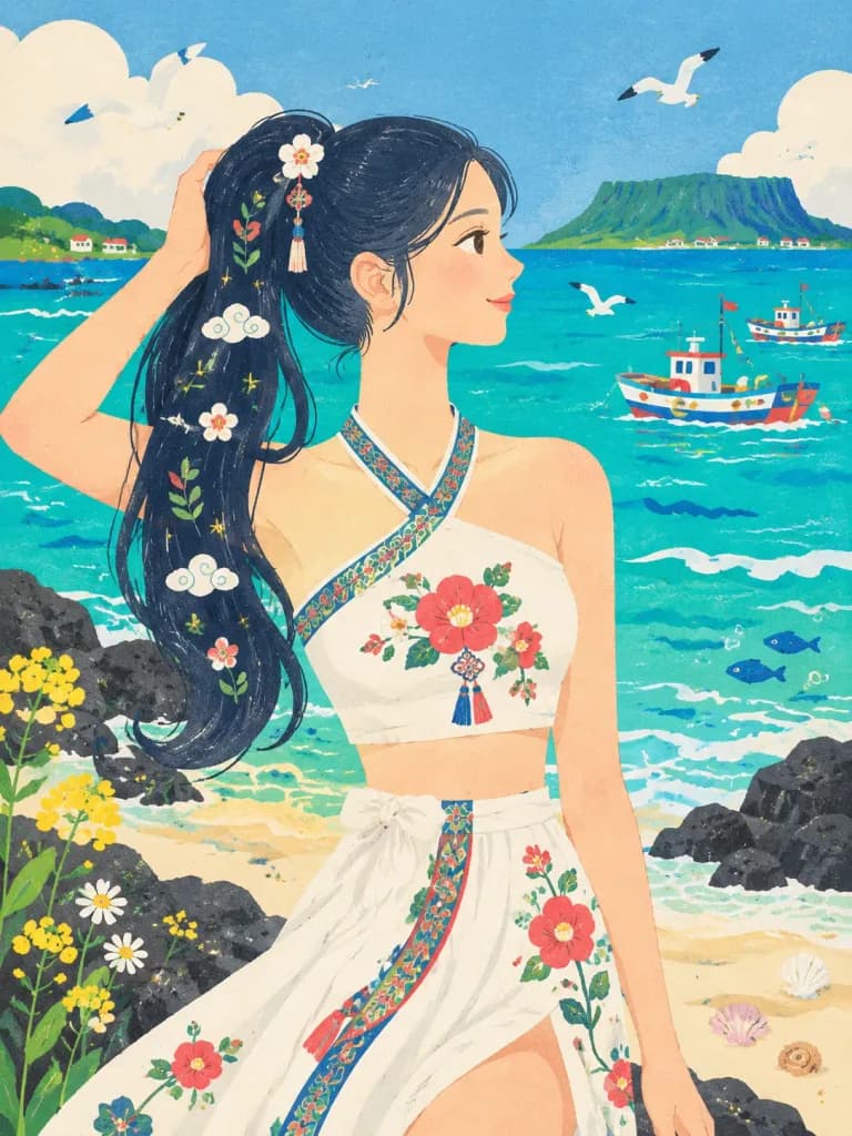 제주 바다 나이브 포크아트 일러스트