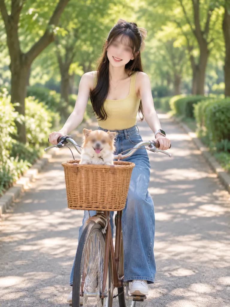 Young Woman Cycling with Dog in Park