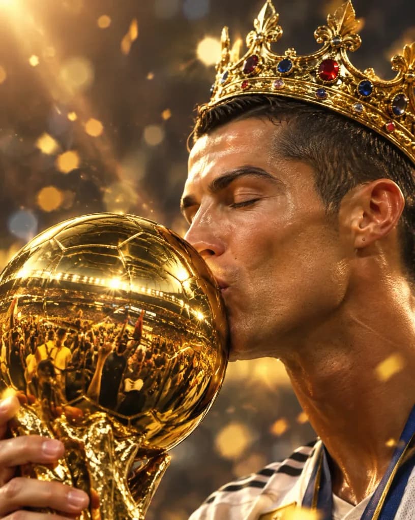 Crowned Athlete Kissing Golden Trophy