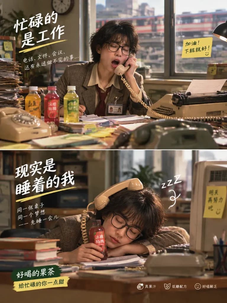 Retro Office Busy Versus Sleep Split Screen