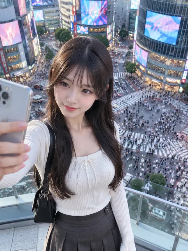 시부야 스크램블 교차로를 내려다보는 옥상 셀카