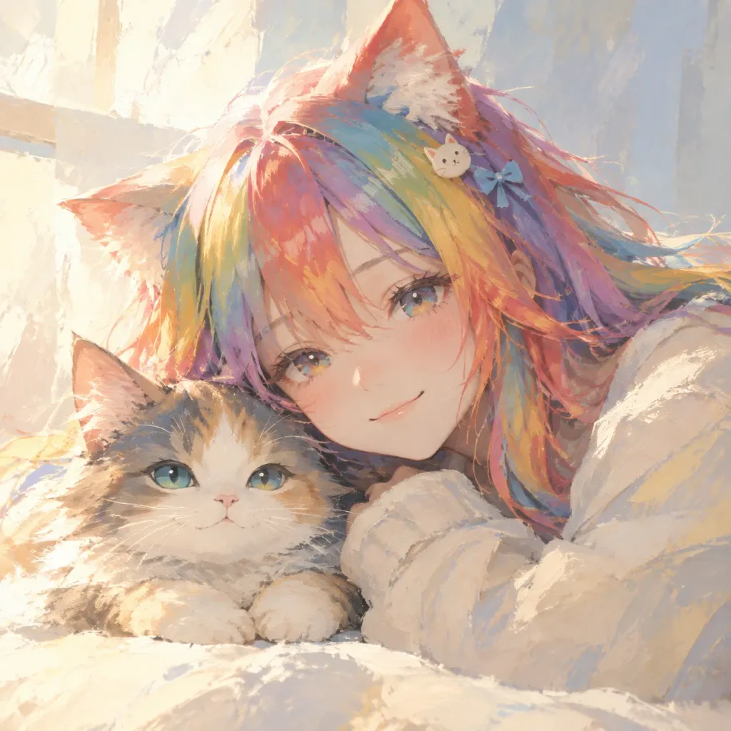 Minimalist Oil Painting Cat Girl