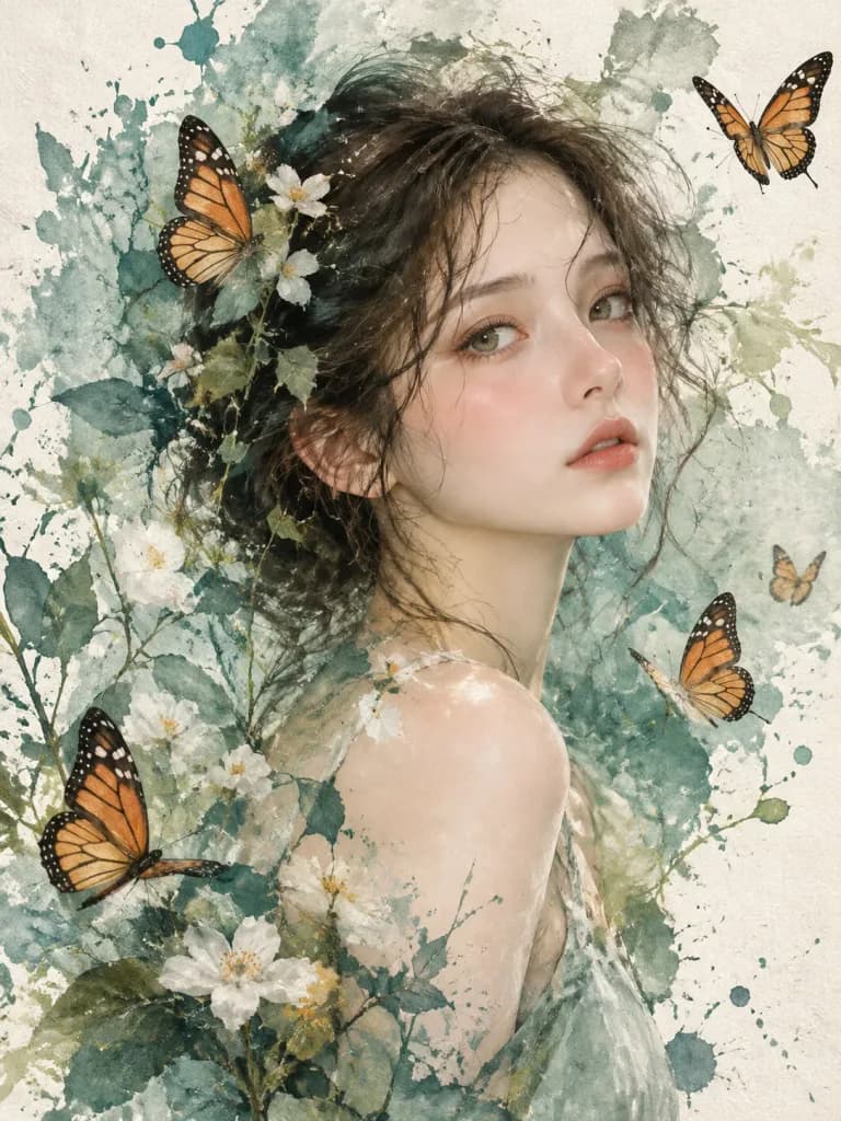 幻想的な水彩ミックスメディアポートレート