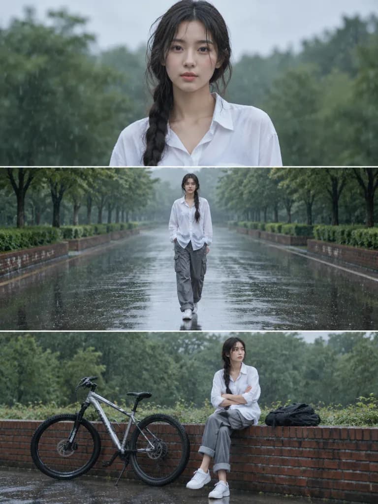 雨の日のシネマティックな3連ポートレート