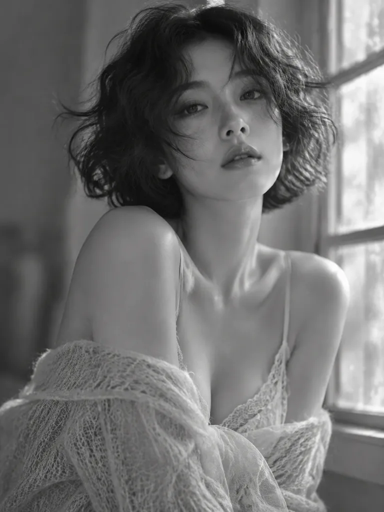창가의 파인 아트 흑백 인물 사진