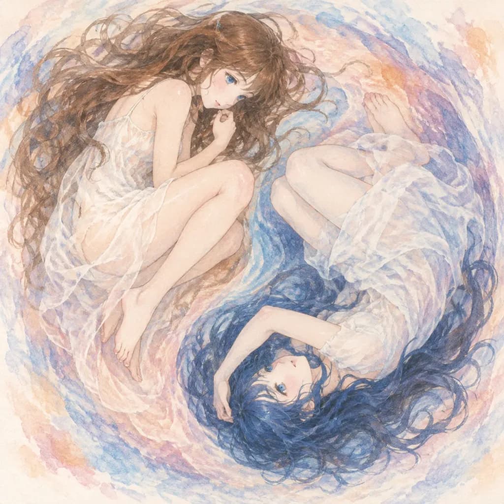 Anime Yin-Yang Floating Twin Girls