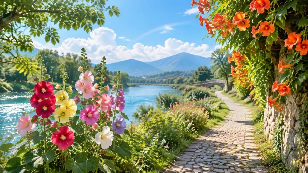 Summer Riverside Flower Garden with Rainbow