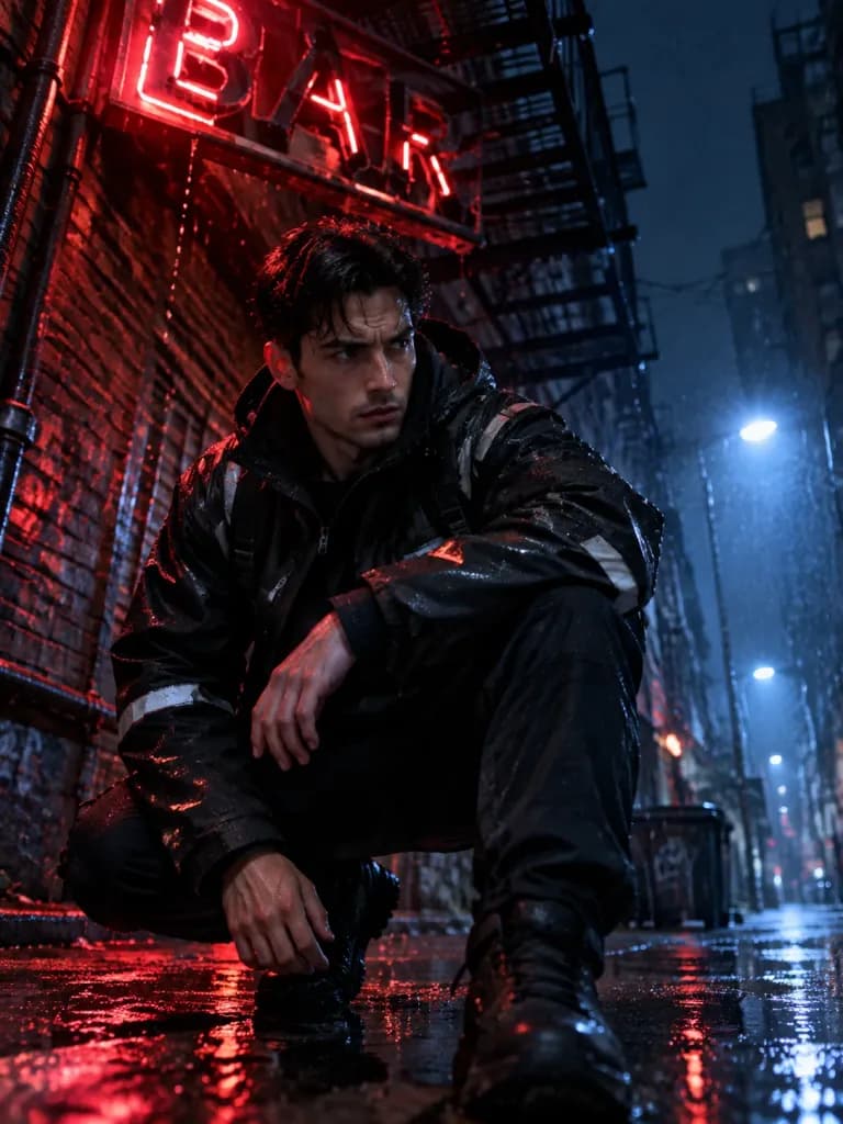 Low-Angle Neon Alley Urban Portrait