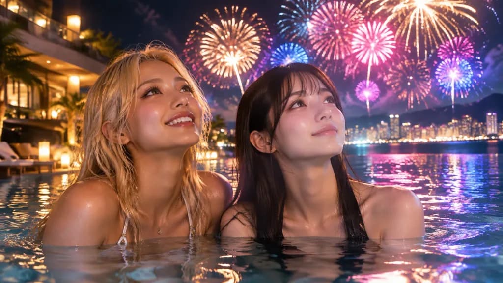 ナイトプールで花火を見上げるギャルたち