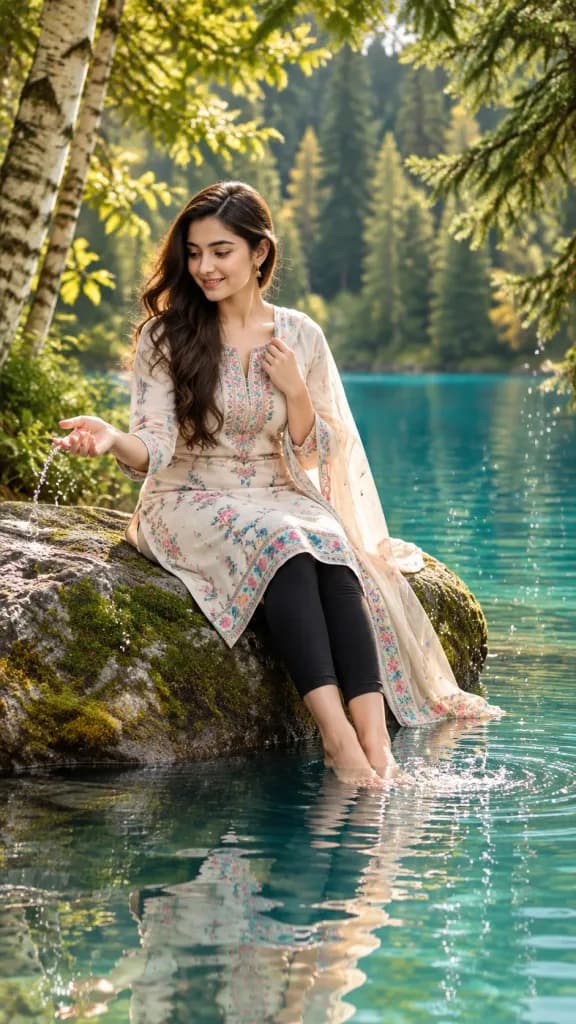 湖畔で水と戯れる女性のポートレート