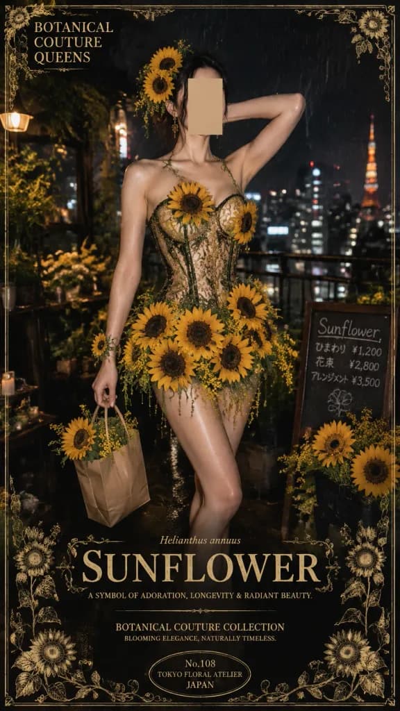 ヒマワリのクチュール植物ファッションポスター
