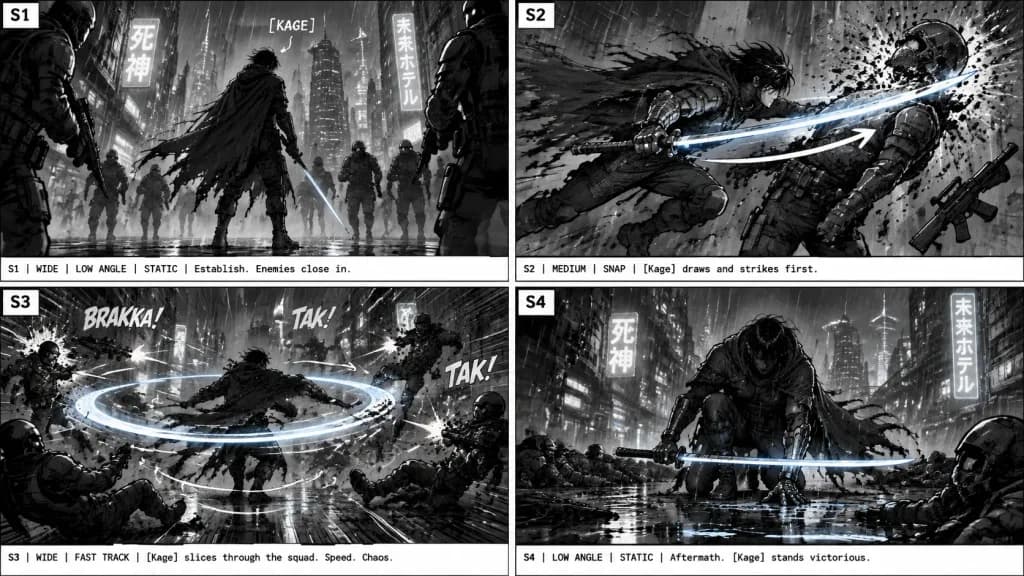 Cyberpunk Action Sequence Storyboard Sheet