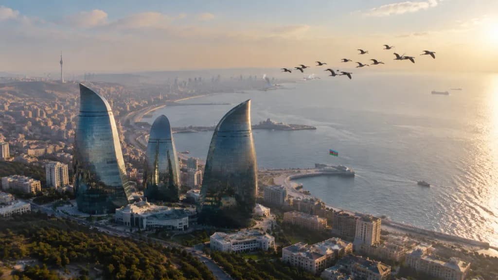 Vista aérea das Flame Towers de Baku